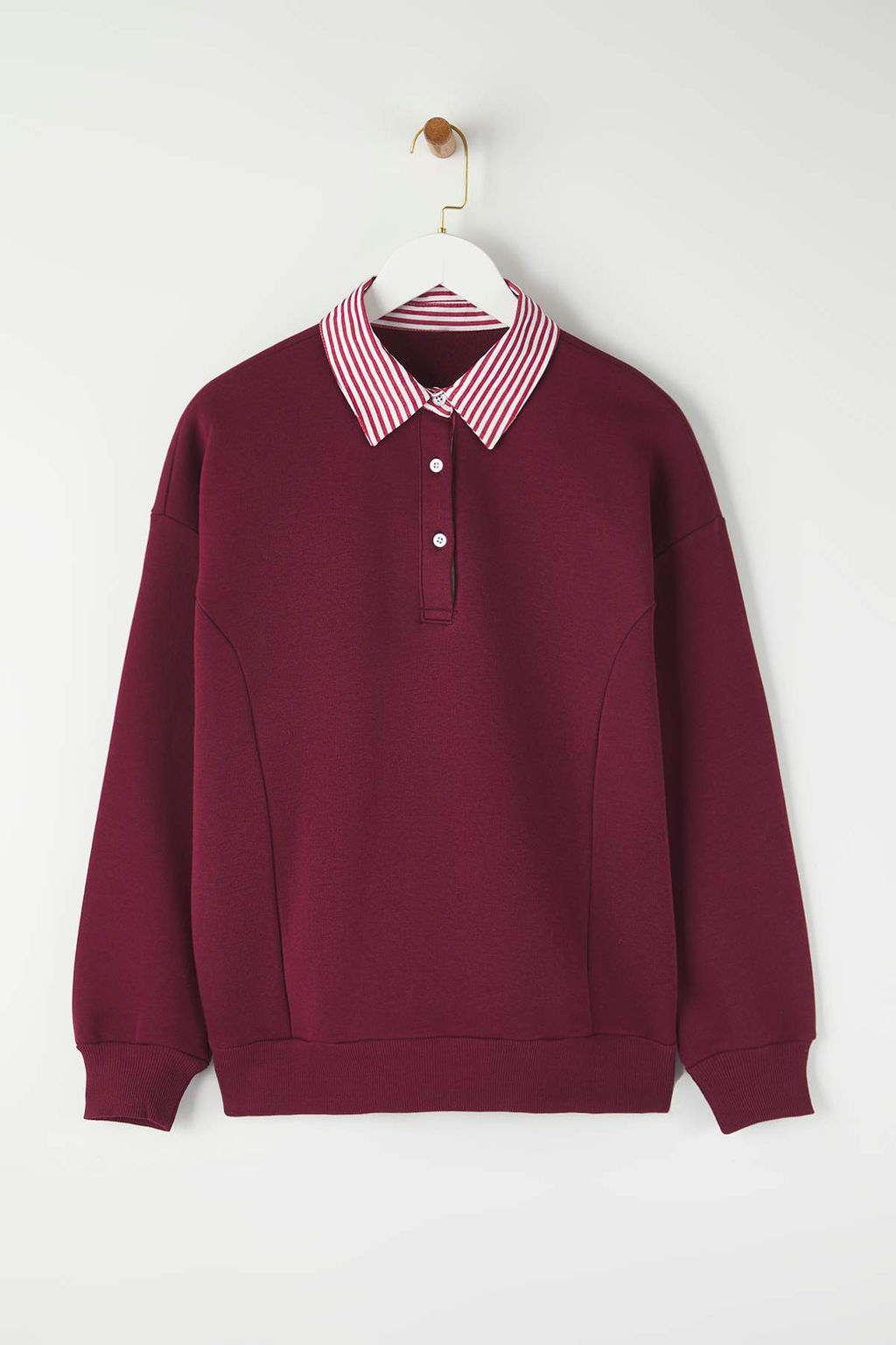 Bordo Dokuma Garni Detayl? Oversize Kal?p Polo Yaka Kal?n ici Polarl? Orme Sweatshirt TWOAW26SW00116