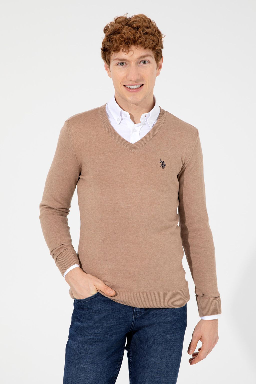 U. S. Polo Assn Мужской базовый трикотажный свитер светло-коричневого цвета с v-образным вырезом и меланжевым принтом - U.s. polo assn фото 3