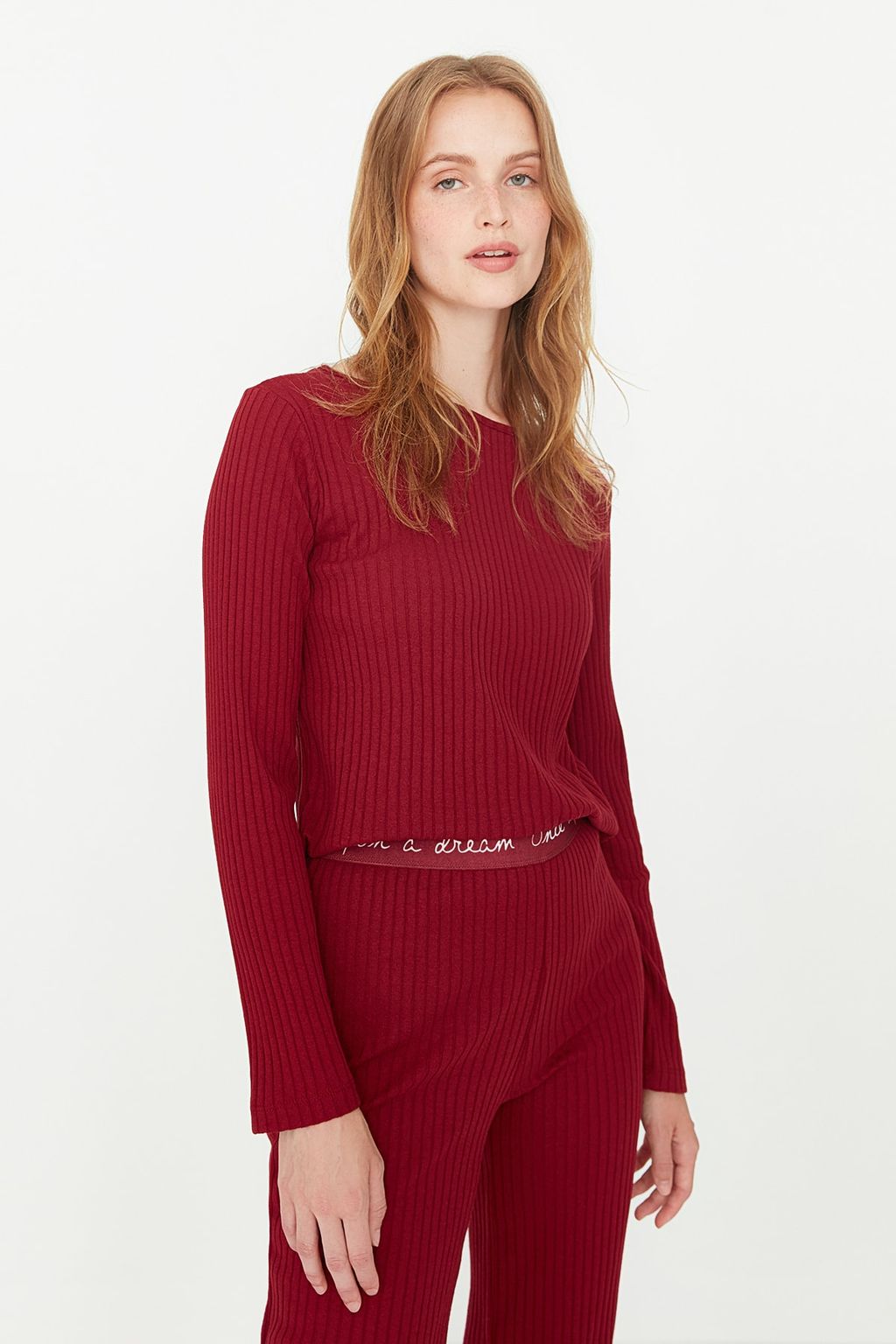 Bordo Slogan Lastik Detayl? Fitilli Orme Pijama Tak?m? THMAW21PT0269