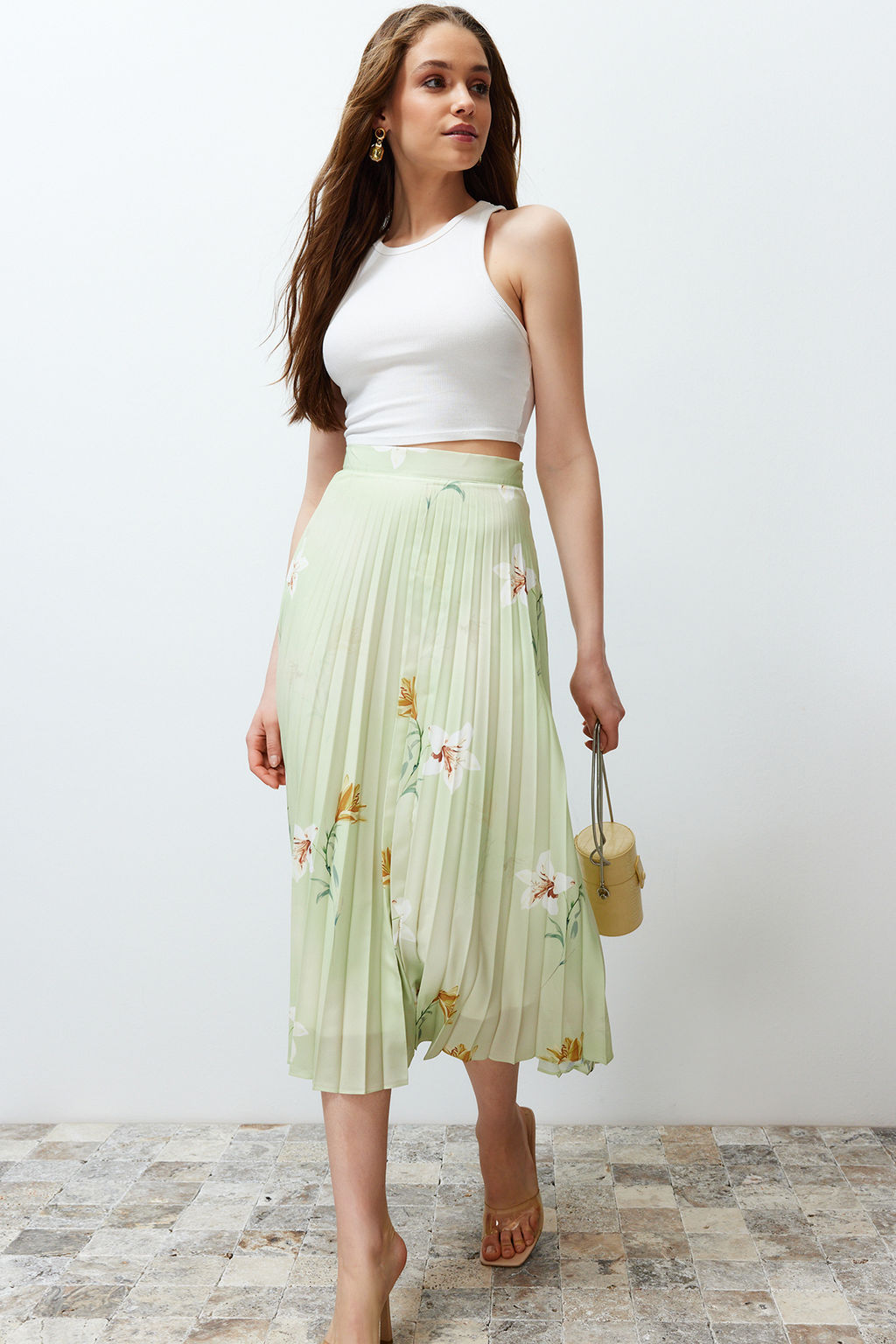 TRENDYOLMILLA Cok Renkli Cicek Desenli Pliseli Saten Kumas Maxi Boy Dokuma Etek TWOSS24ET00141 фото 2