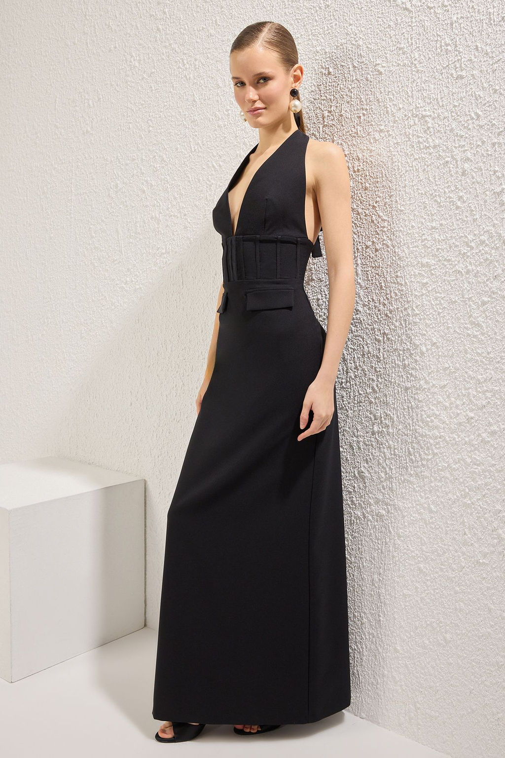 TRENDYOLMILLA Siyah V Yaka Biyeli Dokuma Uzun S?k Abiye & Mezuniyet Elbise TPRSS25AE00136  фото 3