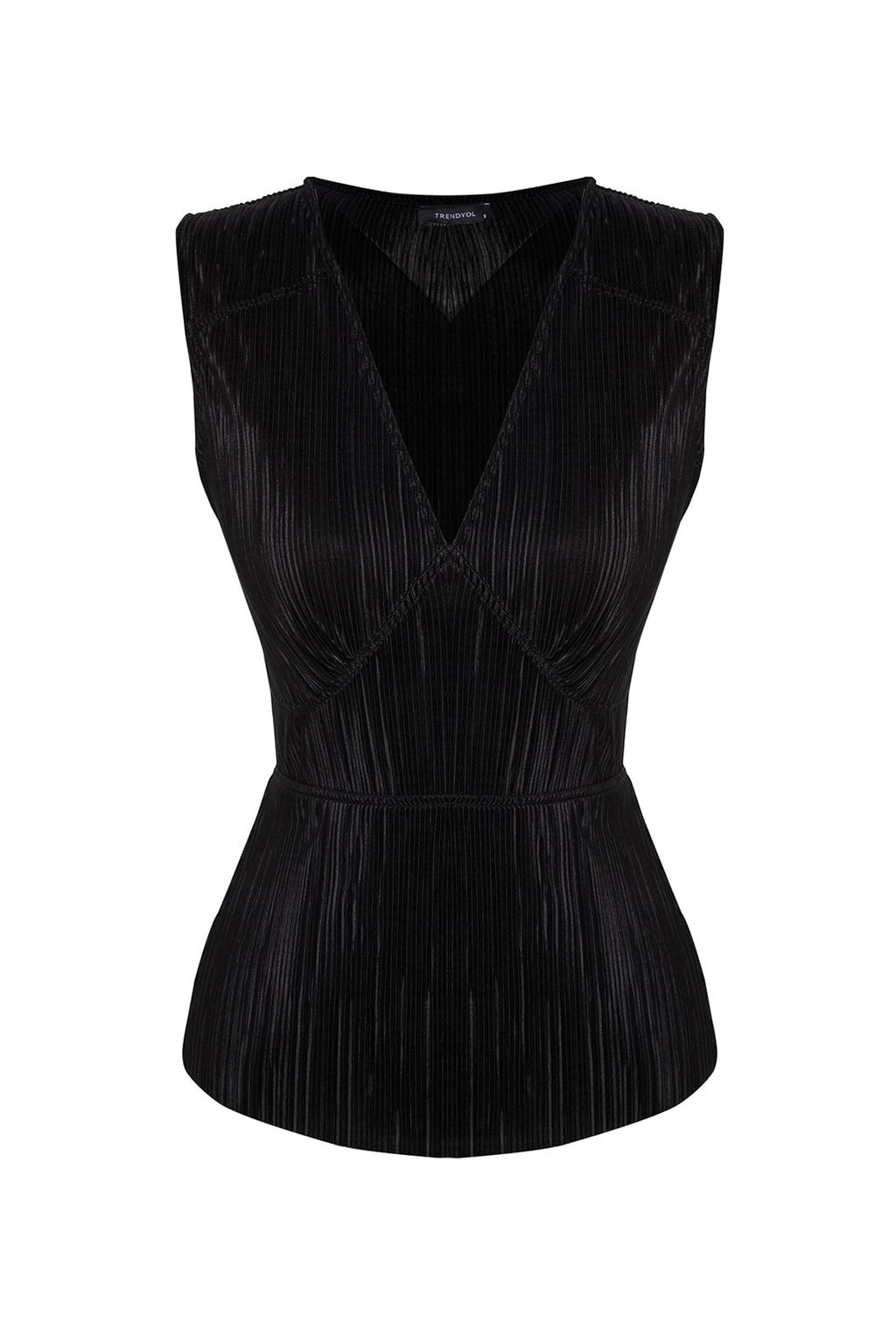 Trendyolmilla Siyah Premium Piliseli V Yaka Regular Kal?p Orme Bluz TWOSS23BZ00965