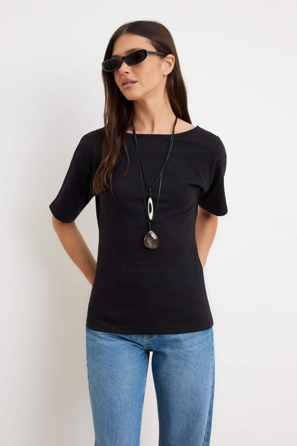 Siyah Duz Regular Kay?k Yaka Dusuk Kol K?sa Uzun %100 Pamuk Orme T-Shirt TWOSS26TS00247 - Trendyolmilla фото 2
