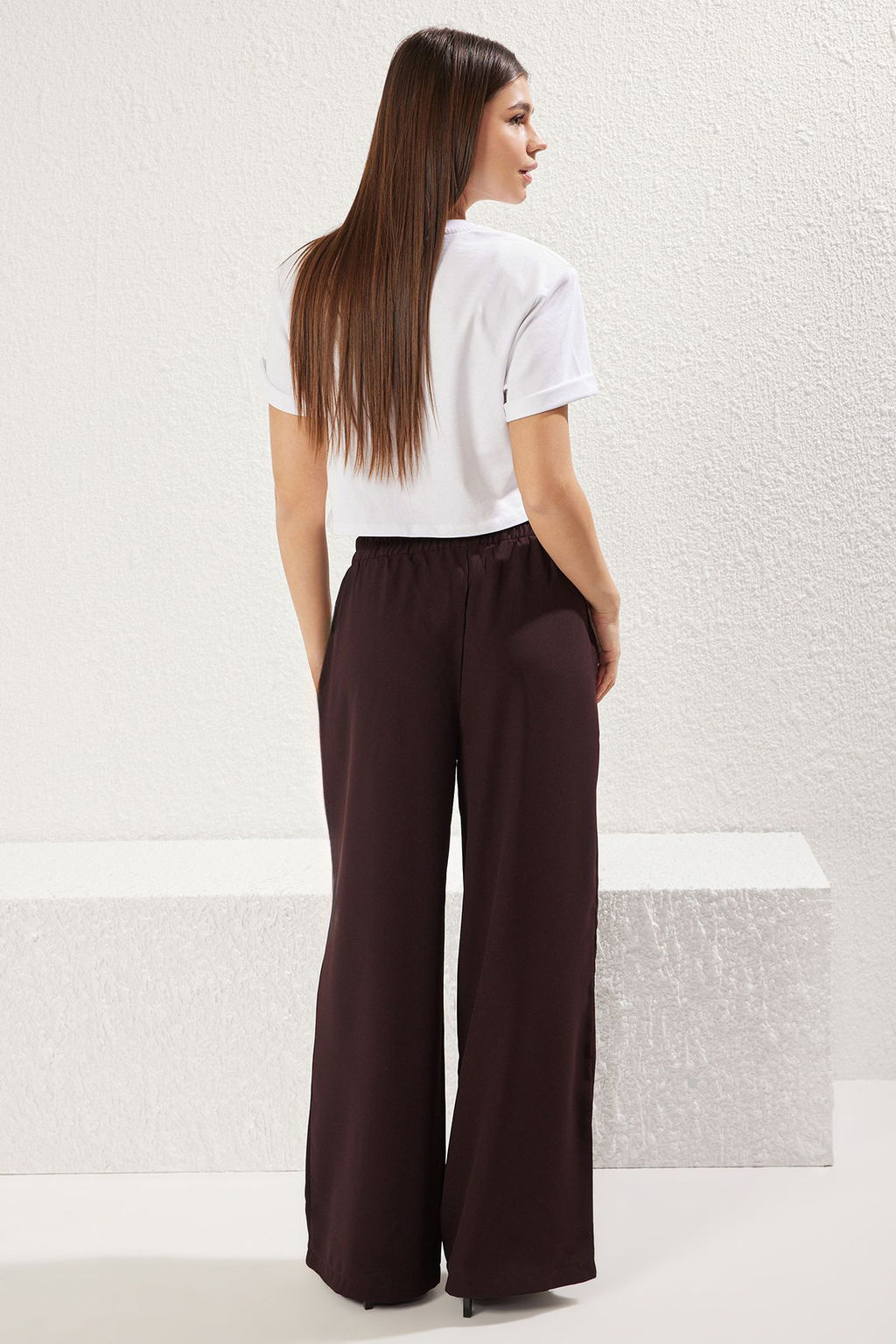 Kahverengi Beli Lastikli Pull On Wide Leg/Genis Paca Dokuma Pantolon TWOSS25PL00041 - Trendyolmilla фото 6
