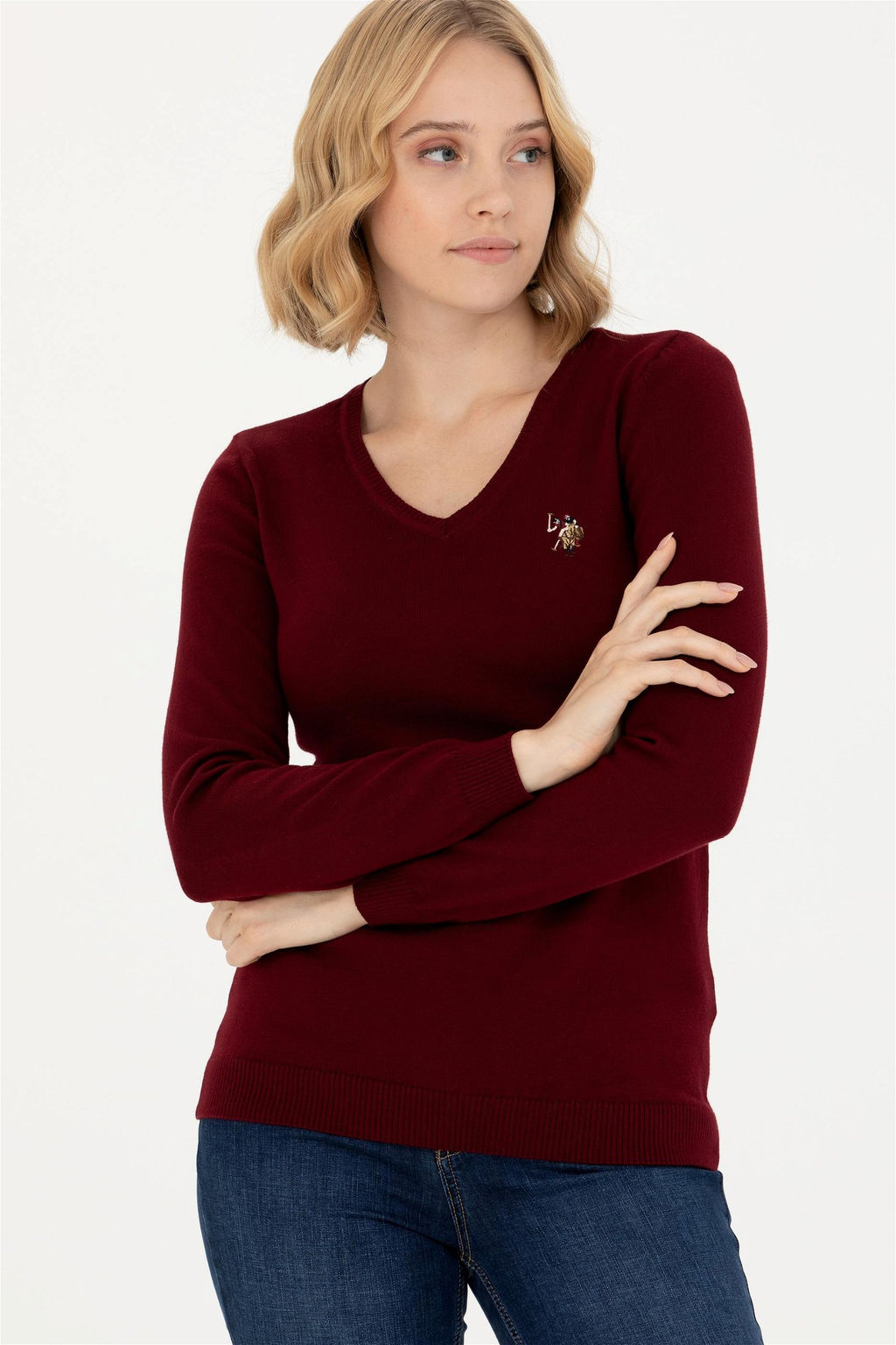 Женский бордовый базовый свитер с v-образным вырезом Неожиданная скидка в корзине - U.s. polo assn фото 3
