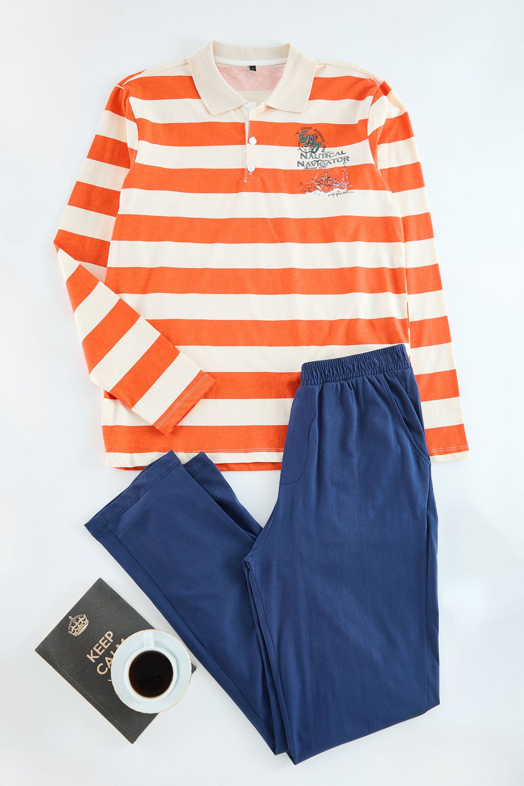 Turuncu- Ekru Cizgili Polo Yaka Regular Fit Orme %100 Pamuklu Pijama Tak?m? TMNAW25PT00019