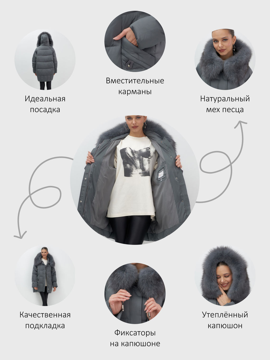 Куртка зимняя женская с мехом и капюшоном тренд темно-серого цвета 7660TC - Visdeer фото 17