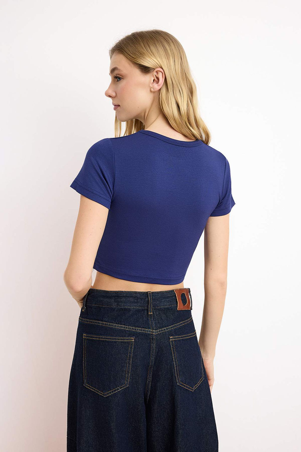 Lacivert-Gri Melanj 2li Paket Crop Viskoz/Yumusak Kumas Esnek Orme Bluz TWOSS23BZ00108