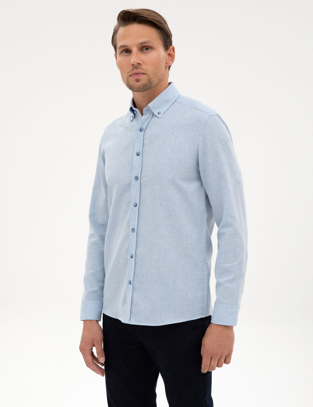 A__k Mavi Flanel Dokulu Slim Fit Uzun Kollu G_mlek