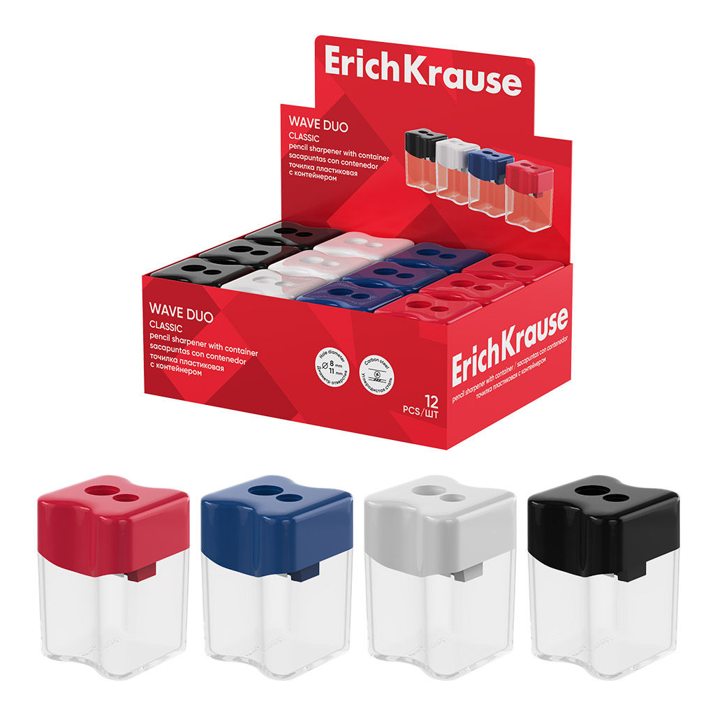 Цена за 12 шт. Точилка пластиковая ErichKrause Wave Duo, Classic, с контейнером, ассорти (в коробке-дисплее по 12 шт)