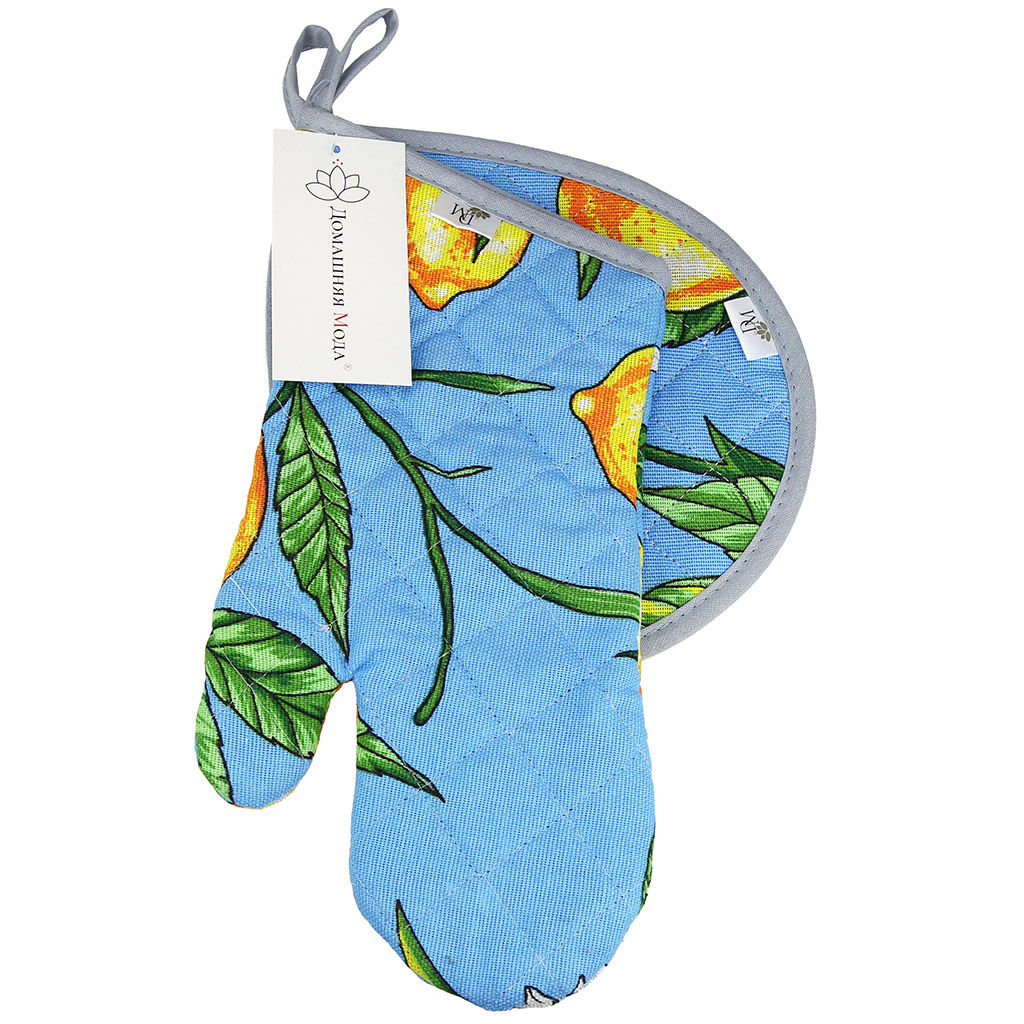 Кухонный комплект Лимон, вид 4: прихватка-варежка 15х30см + прихватка 20х25см форма Капелька, рогожка 171г/м2, хлопок 100%, наполнитель - ватин 280г/м2, на пластмассовом подвесе, Домашняя мода (Россия)  фото 4