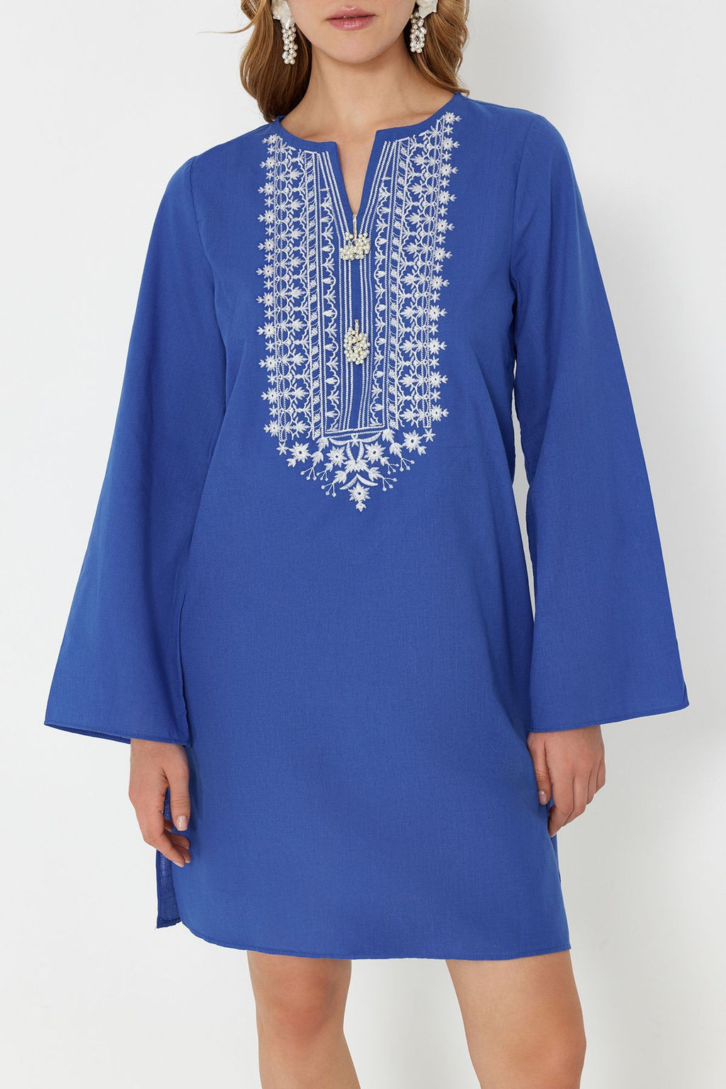 Mavi Mini Dokuma Nak?sl? %100 Pamuklu Plaj Elbisesi TBESS24EL00148 - Trendyolmilla фото 5