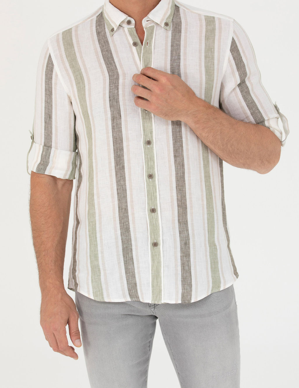 Haki Slim Fit %100 Keten G_mlek