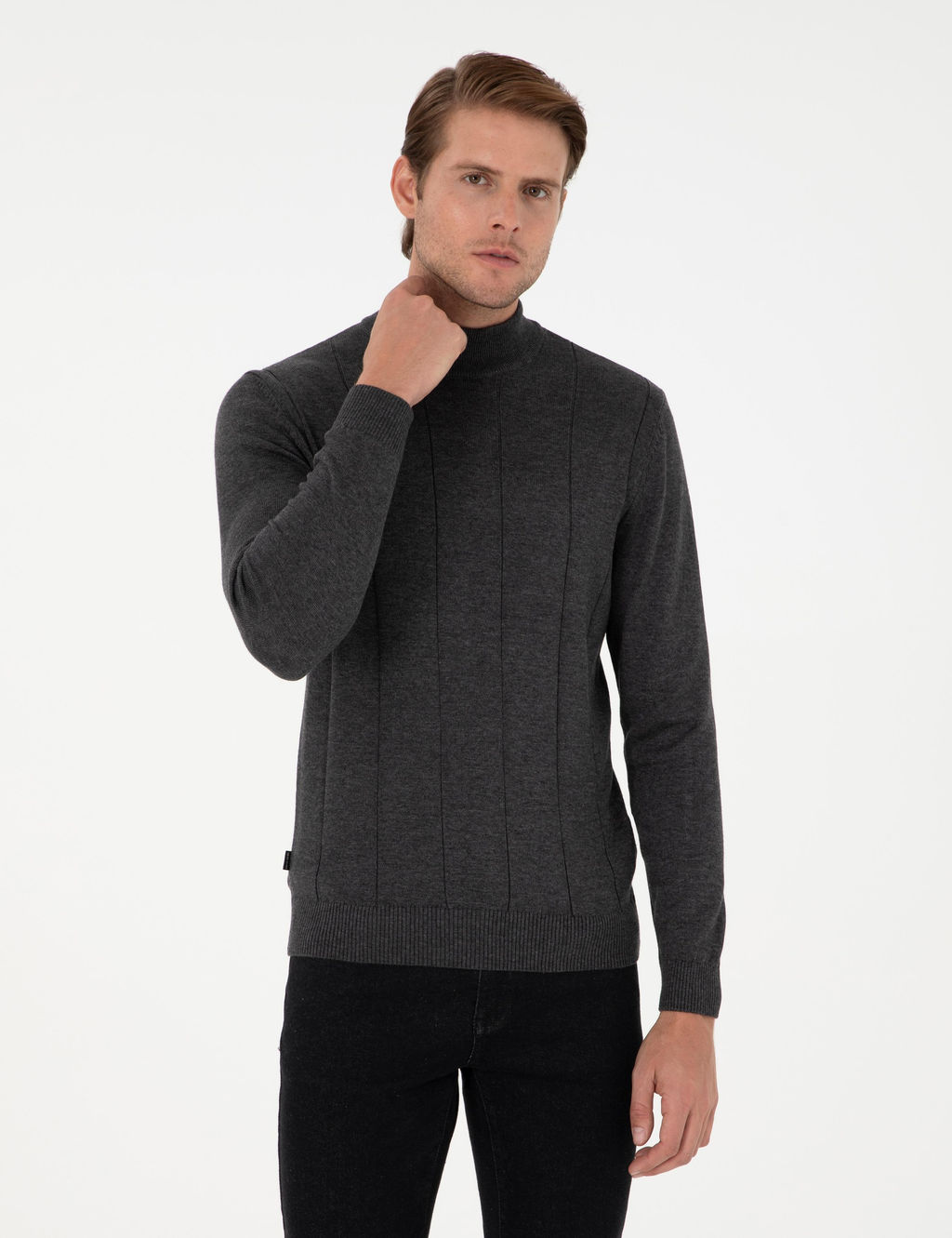 Antrasit Melanj Slim Fit Yar_m Bal_k__ Yaka Triko Kazak