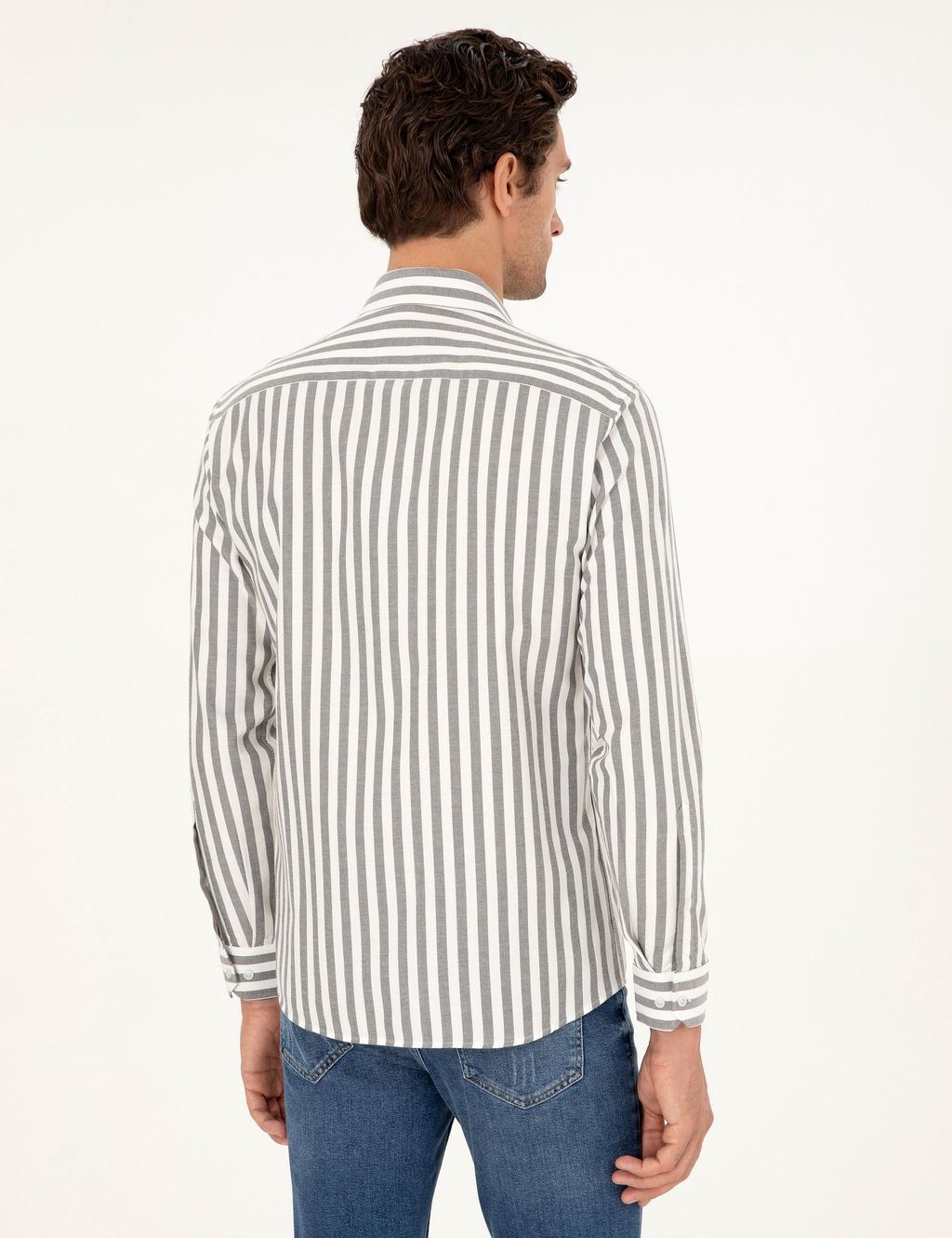 Gri Slim Fit _izgili Pamuk G_mlek