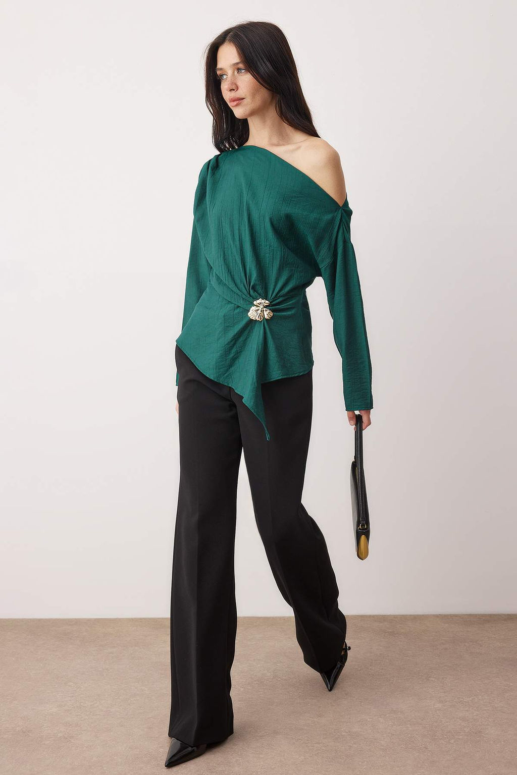 Ordek Bas? Yesili Aksesuar Detayl? Dusuk Omuz Dokuma Bluz TWOAW26BZ00280