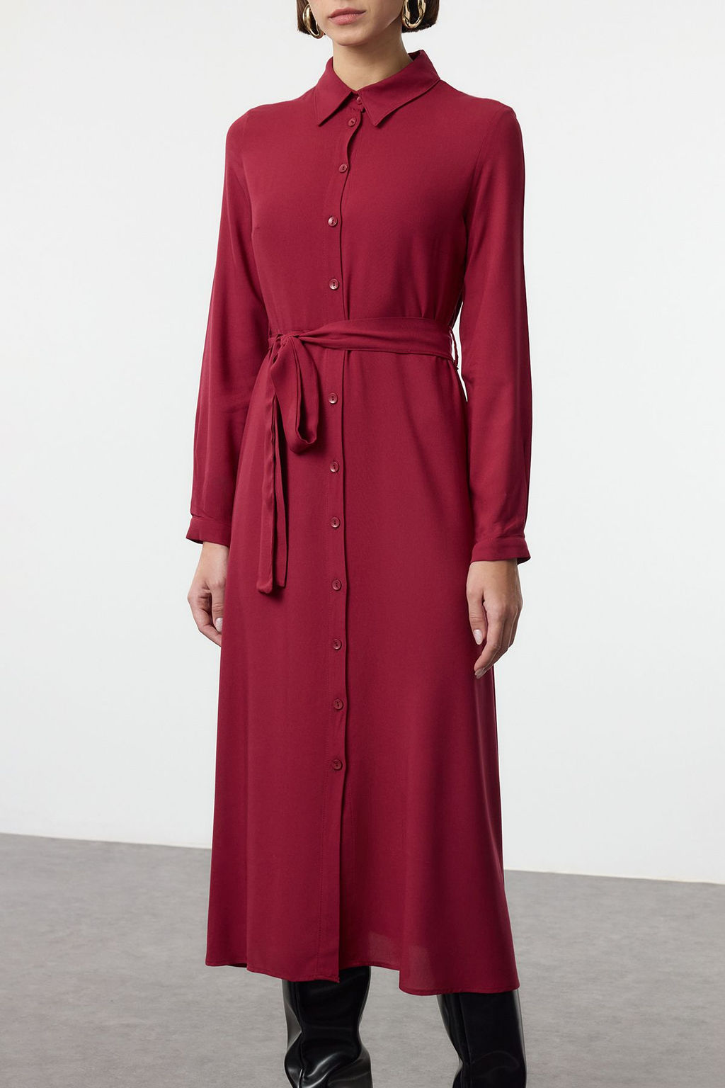 TRENDYOLMILLA Siyah Kusakl? Viskon Midi Dokuma Gomlek Elbise TWOAW25EL00436  фото 13