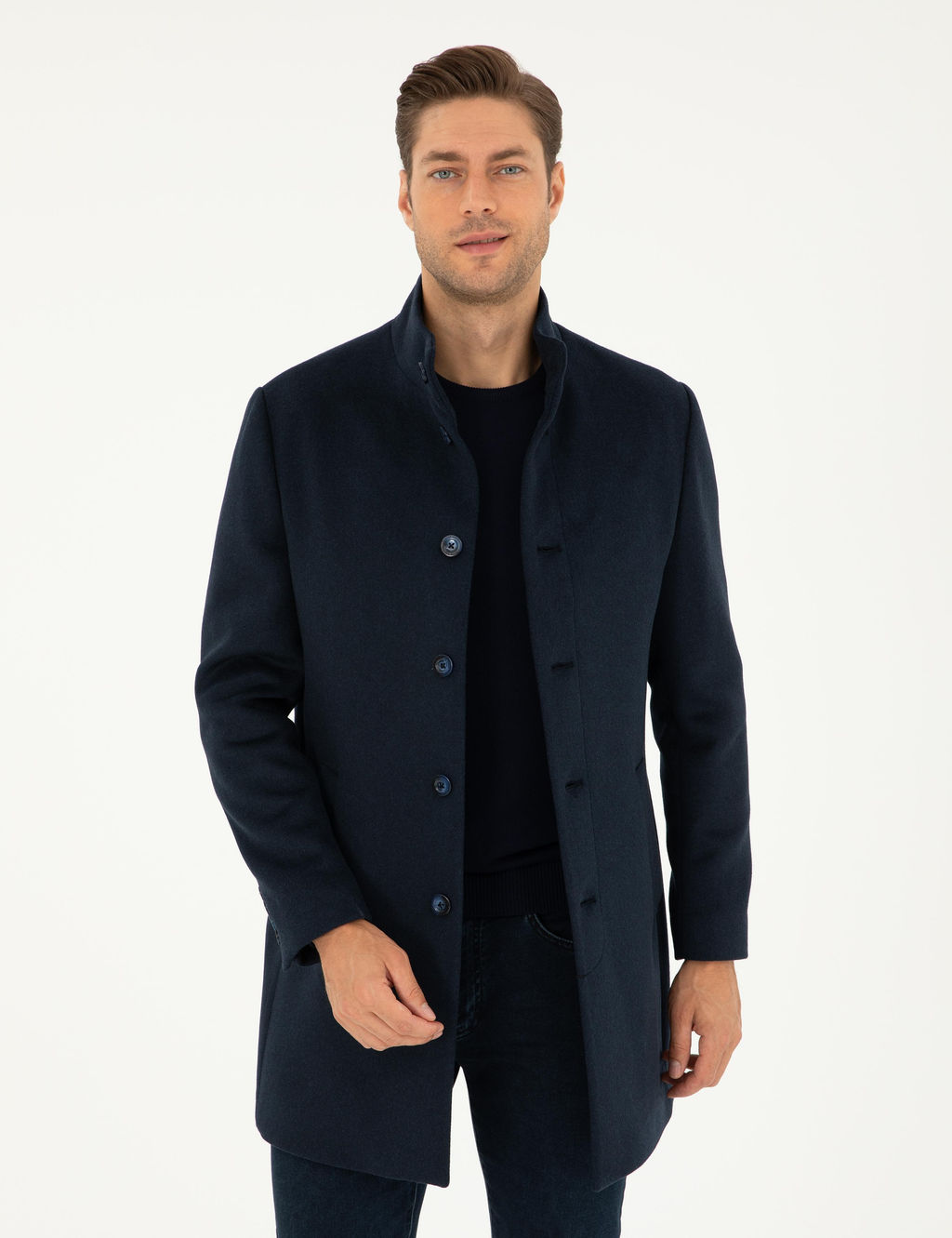 Lacivert Y_n Kar___ml_ Slim Fit Palto