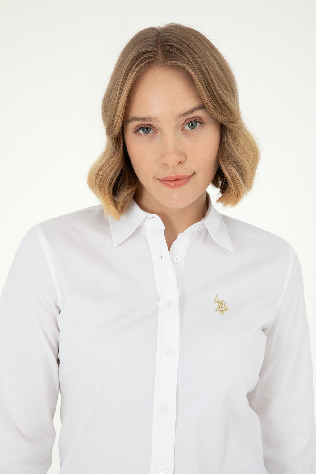 Рубашка женская U.S. Polo Assn с длинным рукавом белая из хлопка и эластана  фото 9