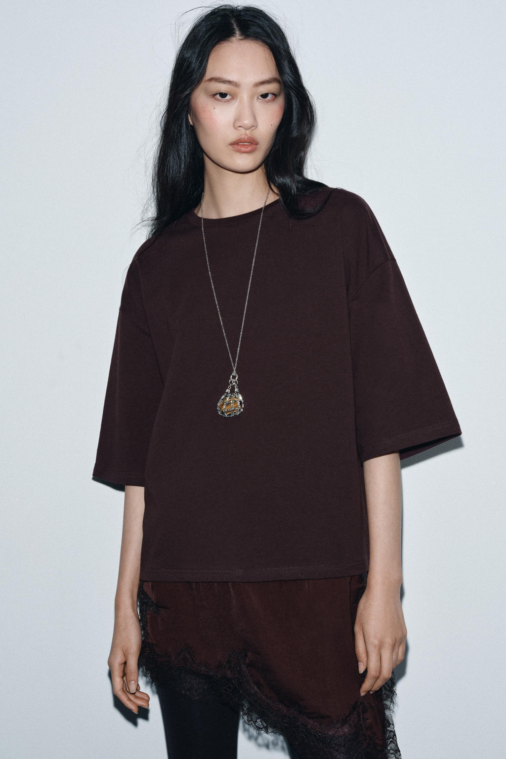 CAMISETA COMBINADA ENCAJE / Chocolate - Zara фото 2