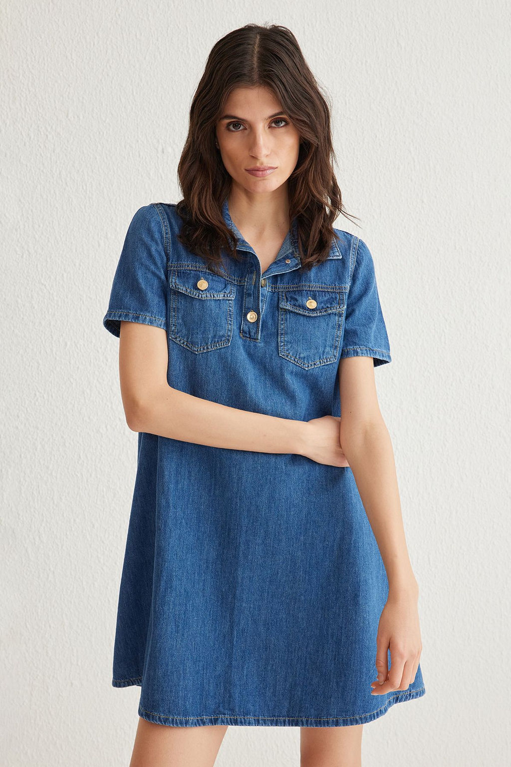 TRENDYOLMILLA Mavi Cep Detayl? Loose Mini Denim Gomlek Elbise TWOSS25EL00008 фото 2