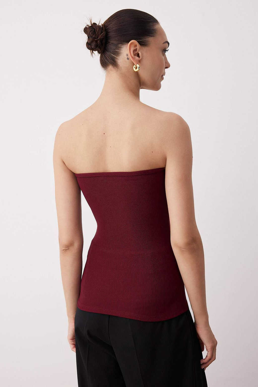 Bordo Ottoman Straplez Dugme Detayl? Vucuda Oturan Esnek Crop Orme Bluz TWOSS25BZ00589