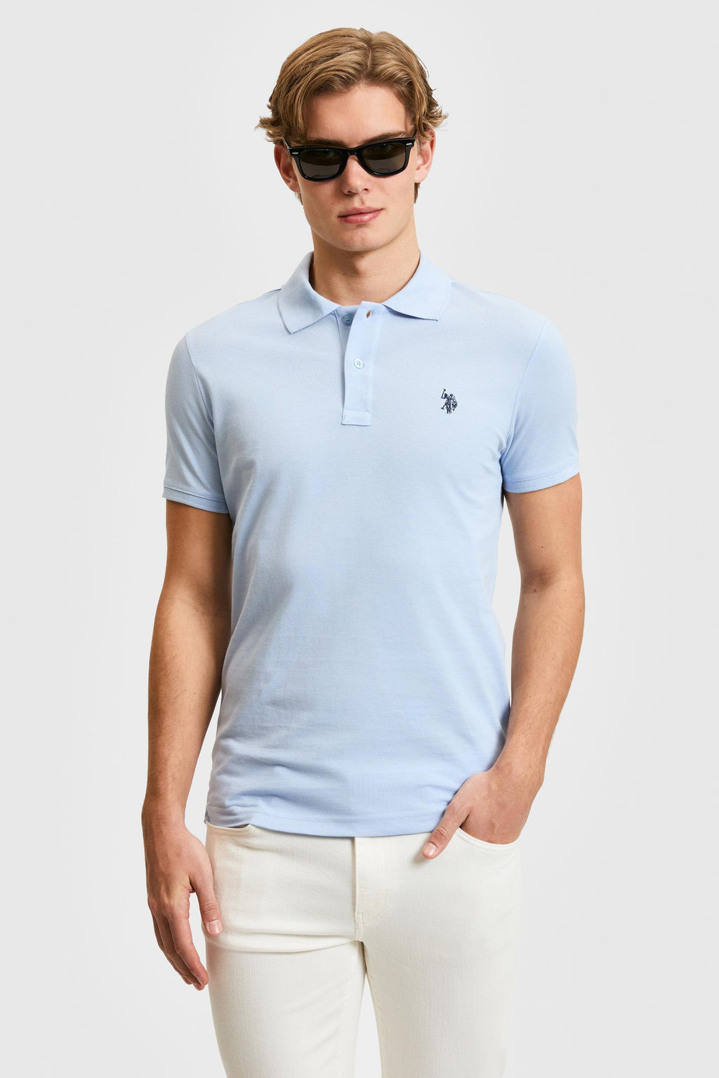 Erkek Slim Fit Polo Yaka A__k Mavi Basic Ti__rt