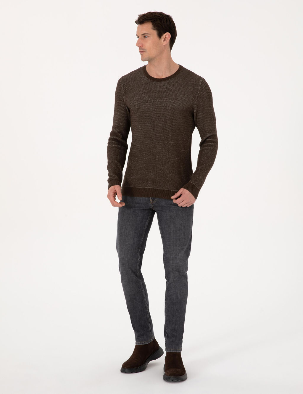 Kahverengi Slim Fit Pamuk Kar___ml_ Bisiklet Yaka Triko Kazak - Cacharel фото 4