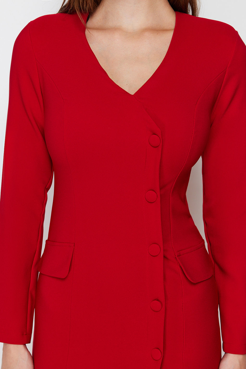 K?rm?z? Cep Detayl? Dugmeli V Yaka Dokuma Ceket Elbise TWOAW24EL00629 - Trendyolmilla фото 10