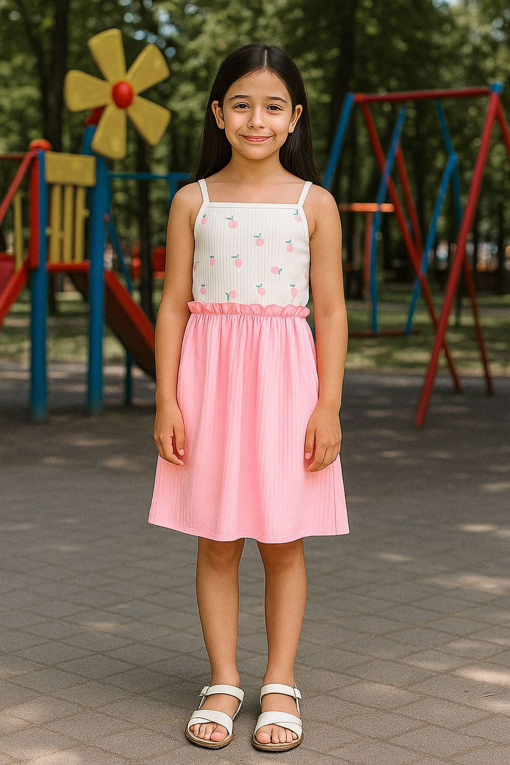 Pembe K?z Cocuk %100 Pamuk Renk Bloklu Ask?l? Mini Orme Elbise TKDSS25EL00073