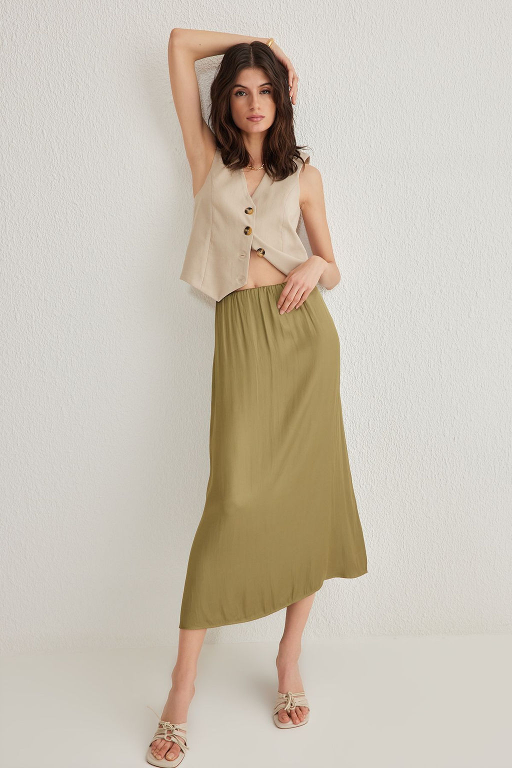 TRENDYOLMILLA Haki Saten Kumas A-line Midi Boy Dokuma Etek TWOSS25ET00016 фото 2