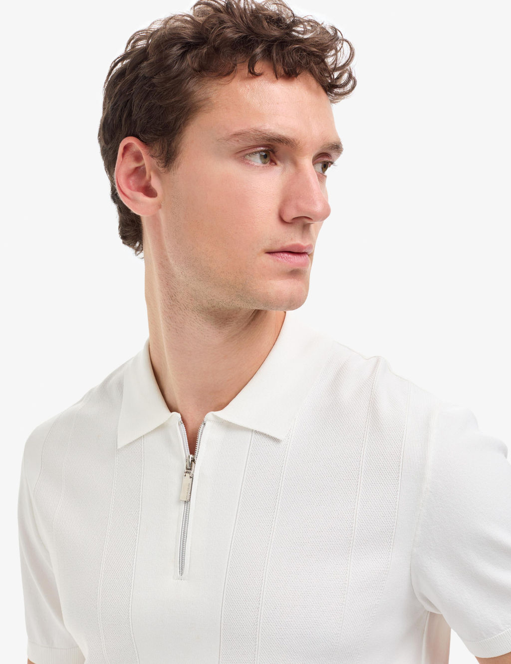 Ekru Slim Fit Polo Yaka Fermuarl_ Triko Ti__rt