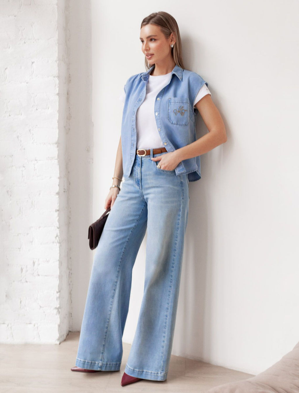 Укороченная блузка с коротким рукавом из джинсового лиоцелла - Vilatte фото 5