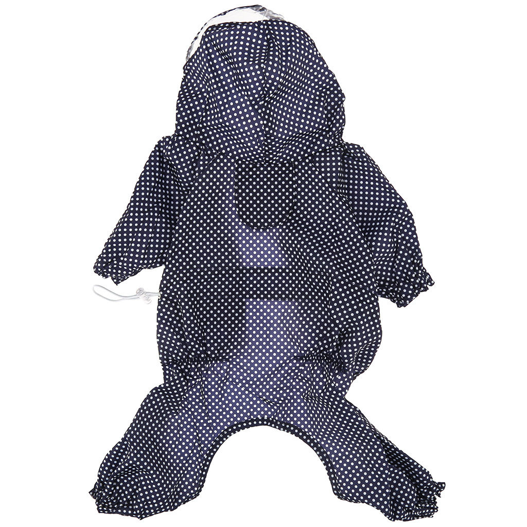 Пэт тойс (Pet toys) Одежда для собаки Комбинезон Горошек с капюшоном, прозрачный ПВХ козырек, на кнопках р-р M, длина спинки 26см/обхват груди 38см/обхват шеи 30см, цвет-темно-синий, плащевка (Китай) - Домашняя мода фото 2