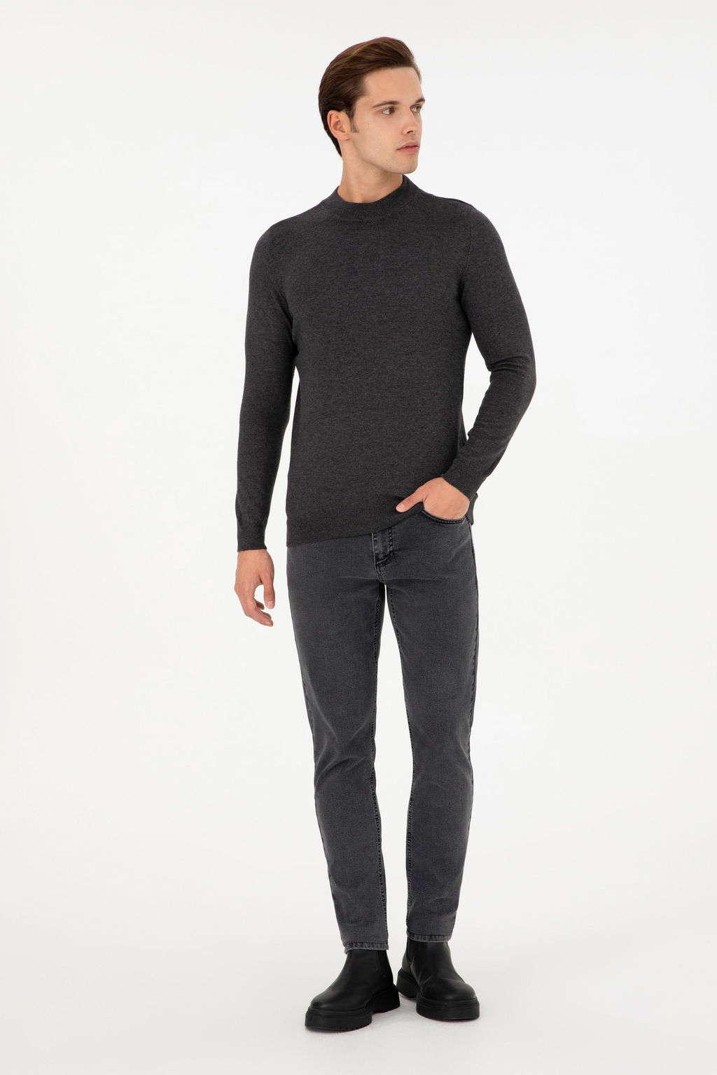 Erkek Slim Fit _eyrek Bal_k__ Yaka Antrasit Melanj Basic Triko Kazak