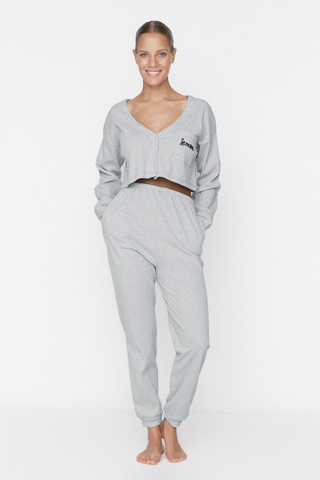 Trendyolmilla Pembe Fitilli Pamuklu Nak?sl? Orme Pijama Tak?m? THMAW22PT0511 фото 4