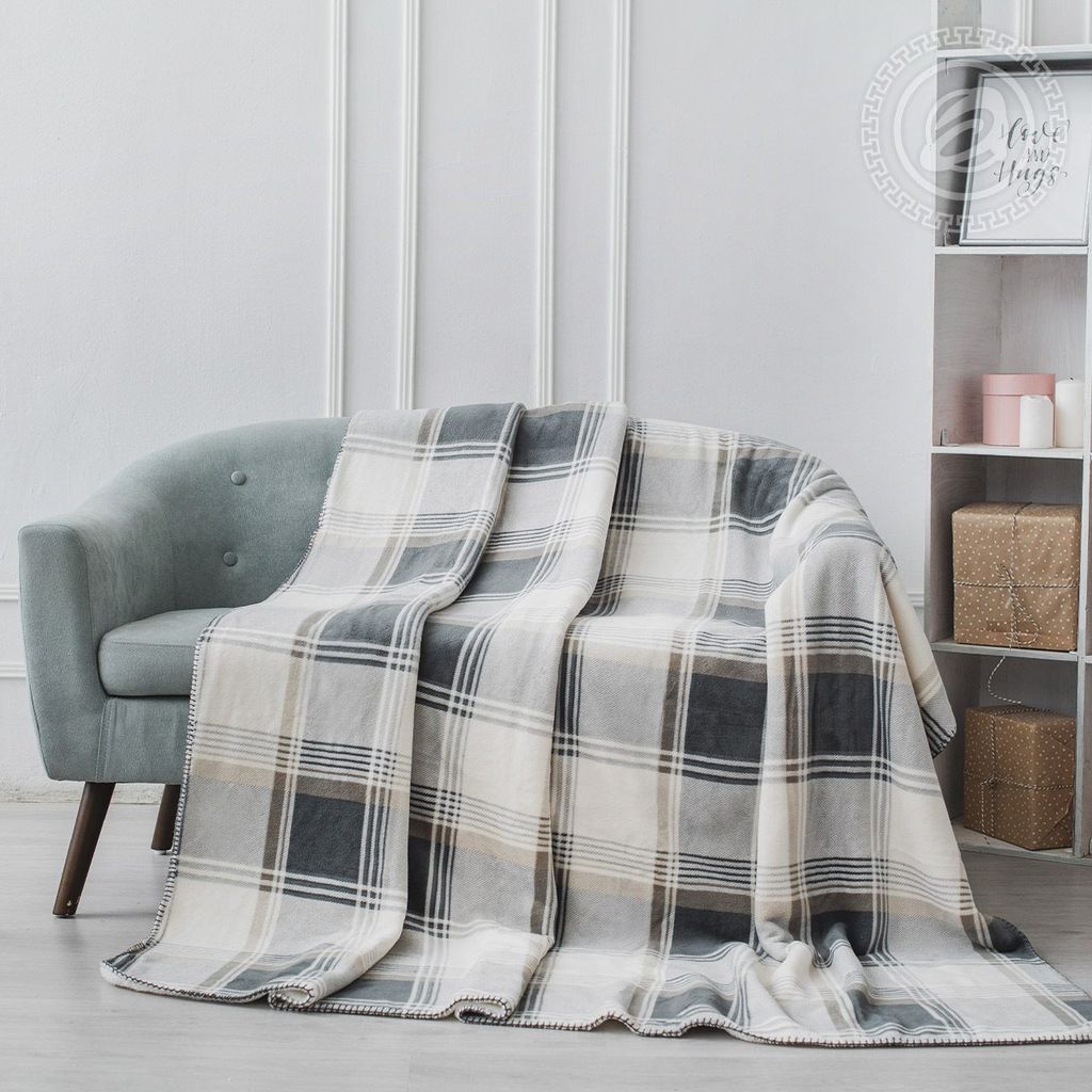 Плед флисовый Клетка сливки-серый 220*200 Пледы Клетка