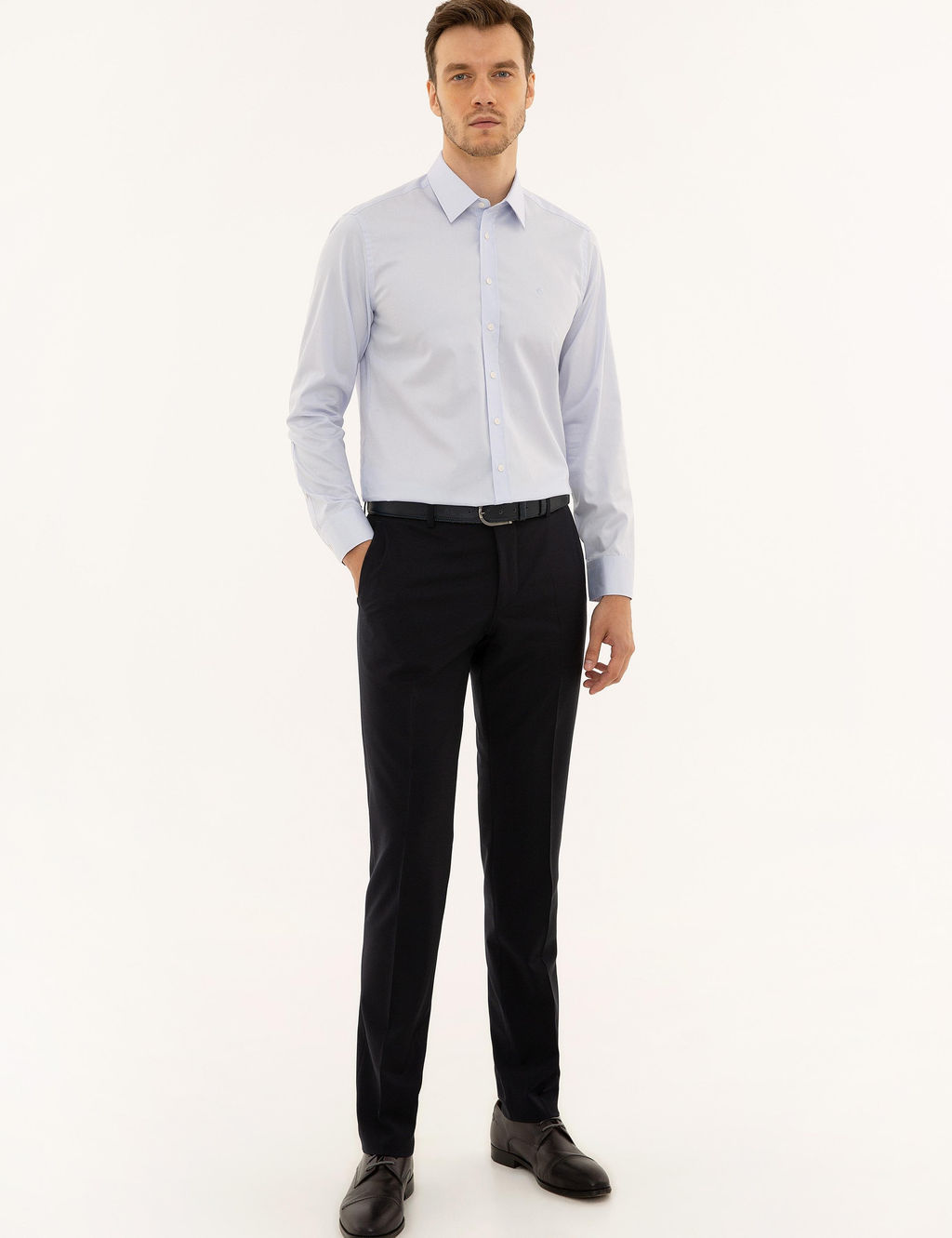 Голубая базовая рубашка зауженного кроя с длинным рукавом - Cacharel фото 4