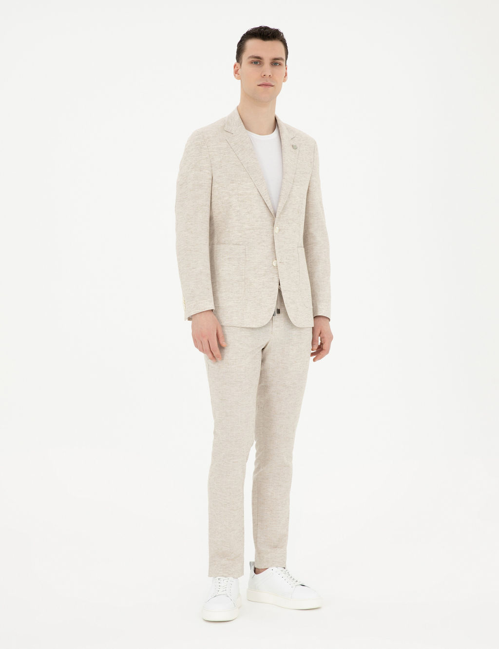 Bej Slim Fit Keten Kar___ml_ _izgili Tak_m Elbise