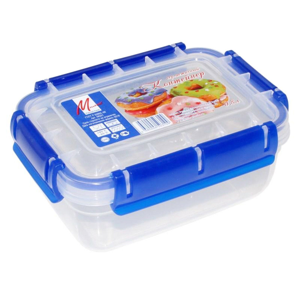 Контейнер для продуктов пластмассовый 0,8л, 16х11,5х7,6см, герметичный, силиконовый уплотнитель, 4 защелки (Россия)