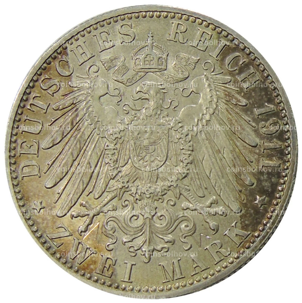 2 марки 1911 года D Германия (Бавария)  90 лет со дня рождения Луитпольда Баварского
