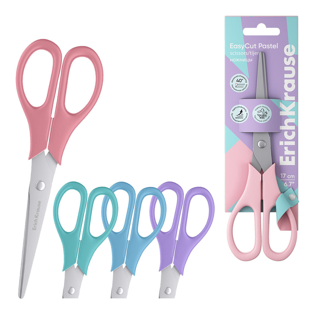 Цена за 12 шт. Ножницы ErichKrause EasyCut Pastel, 17 см, ассорти (в блистере по 1 шт)