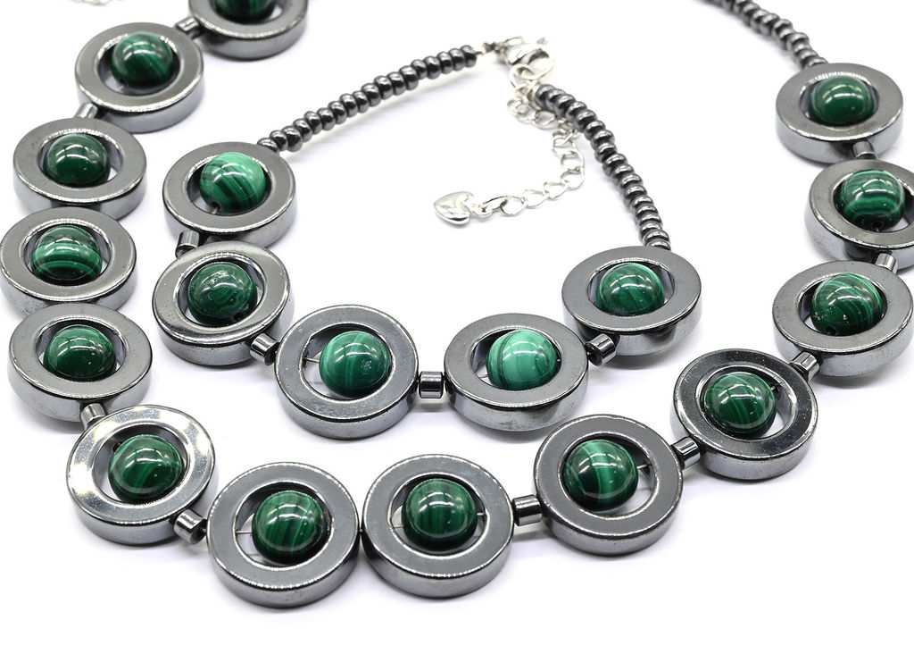 Колье с браслетом из гематита с малахитом шарик 8мм, 48см, 18см Радуга камня