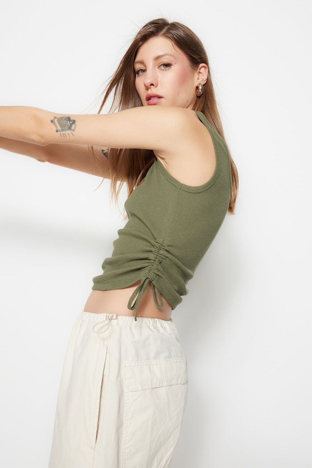 Haki-Bej 2li Paket Buzgu Detayl? Havuz Yaka Fitilli Esnek Orme Atlet TWOSS21AL0195