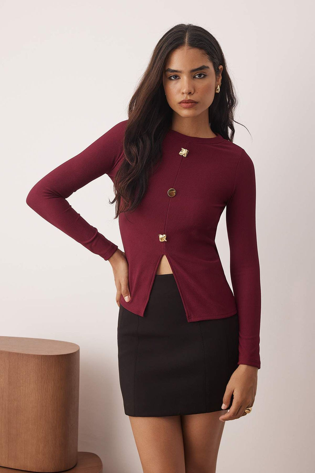 Siyah Ottoman Dik Yaka Dugmeli Uzun Kol Vucuda Oturan Orme Bluz TWOAW26BZ00191