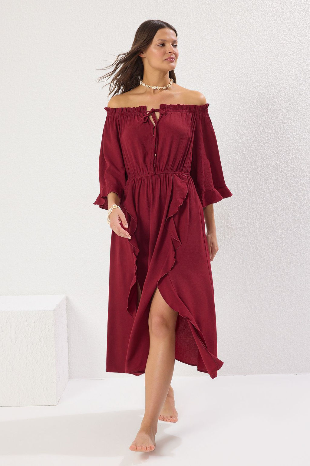 Bordo Dokuma F?rf?rl? Plaj Midi Elbise TBESS25EL00122 - Trendyolmilla фото 2