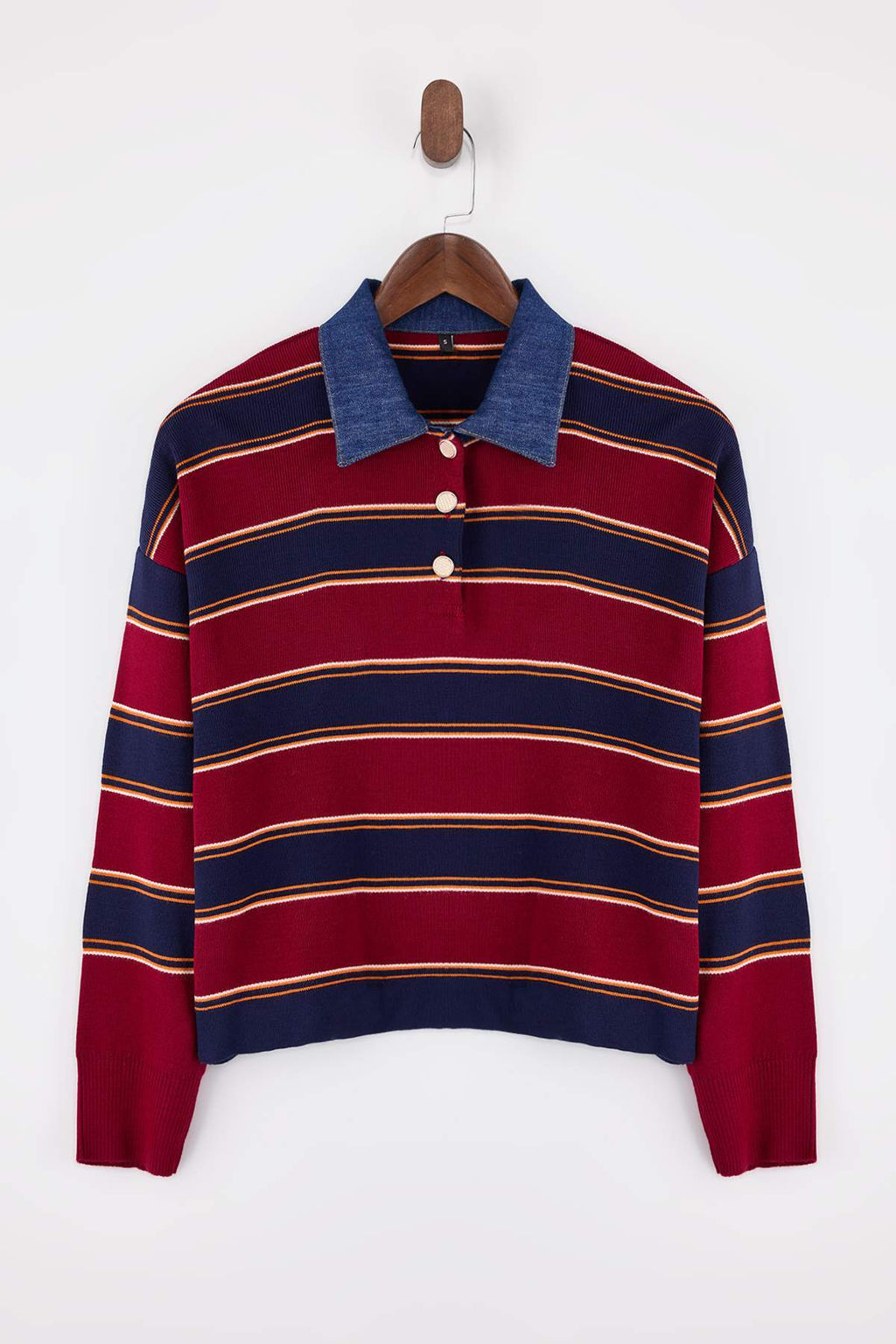 Cok Renkli Cizgili Denim Garnili Polo Yaka Triko Kazak TWOAW26KZ00283