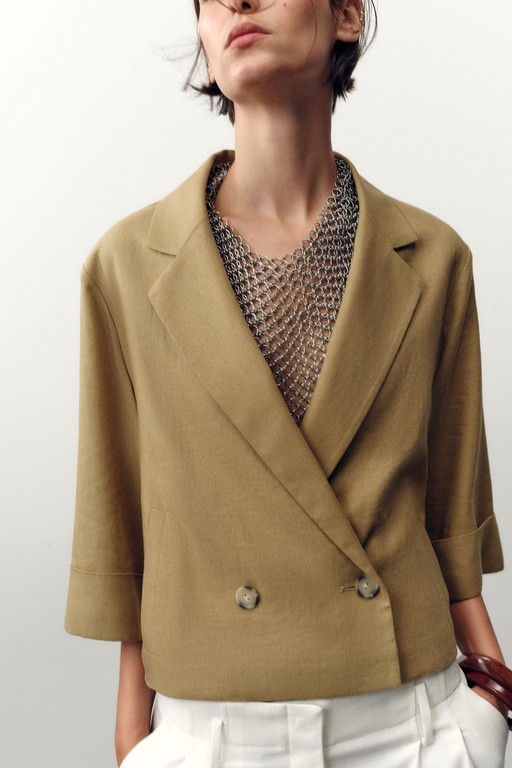 CROPPED DOUBLE-BREASTED LINEN BLEND BLAZER - Zara фото 5