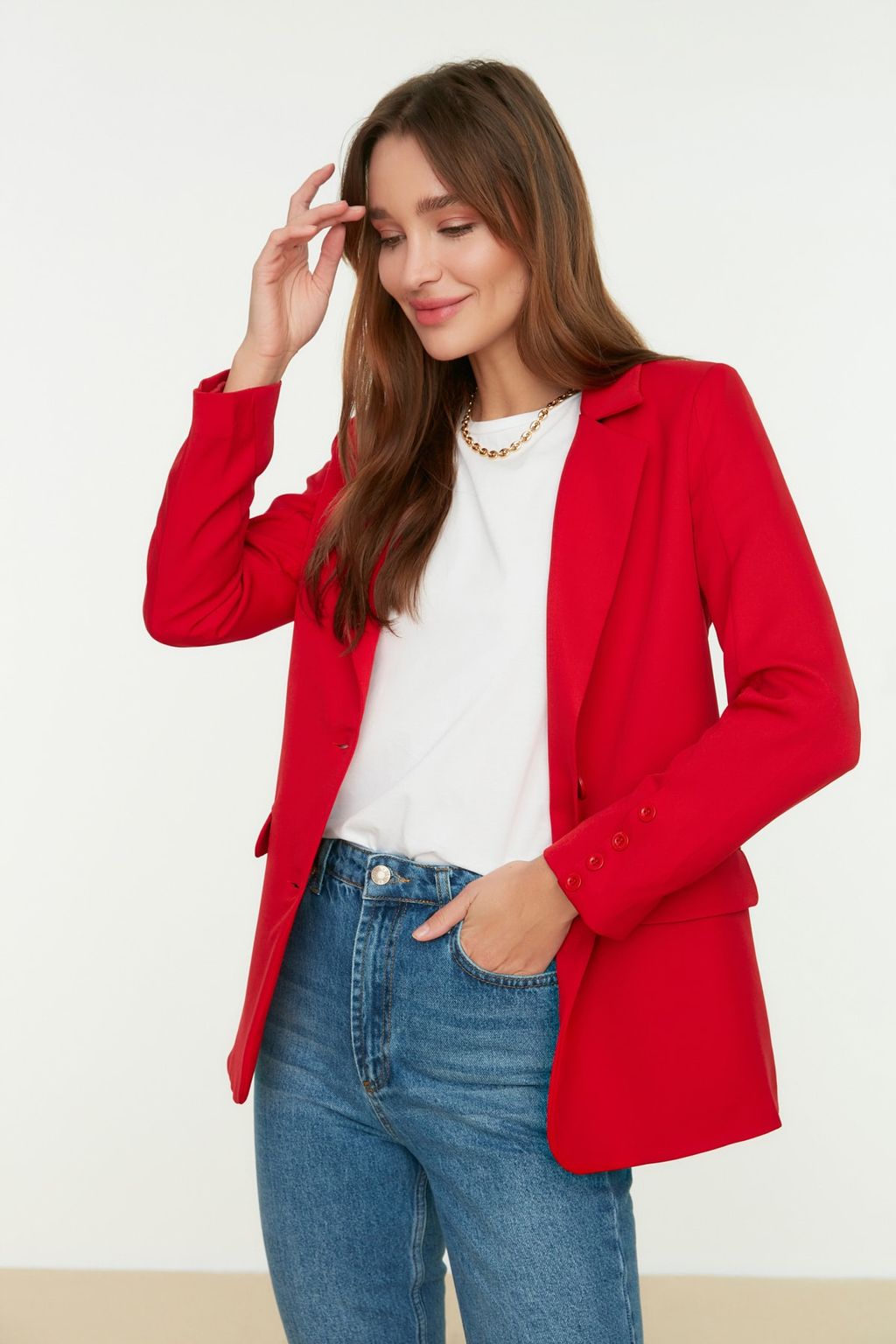 TRENDYOLMILLA K?rm?z? Regular Astarl? Dugmeli Dokuma Blazer Ceket TWOAW22CE0165  фото 2