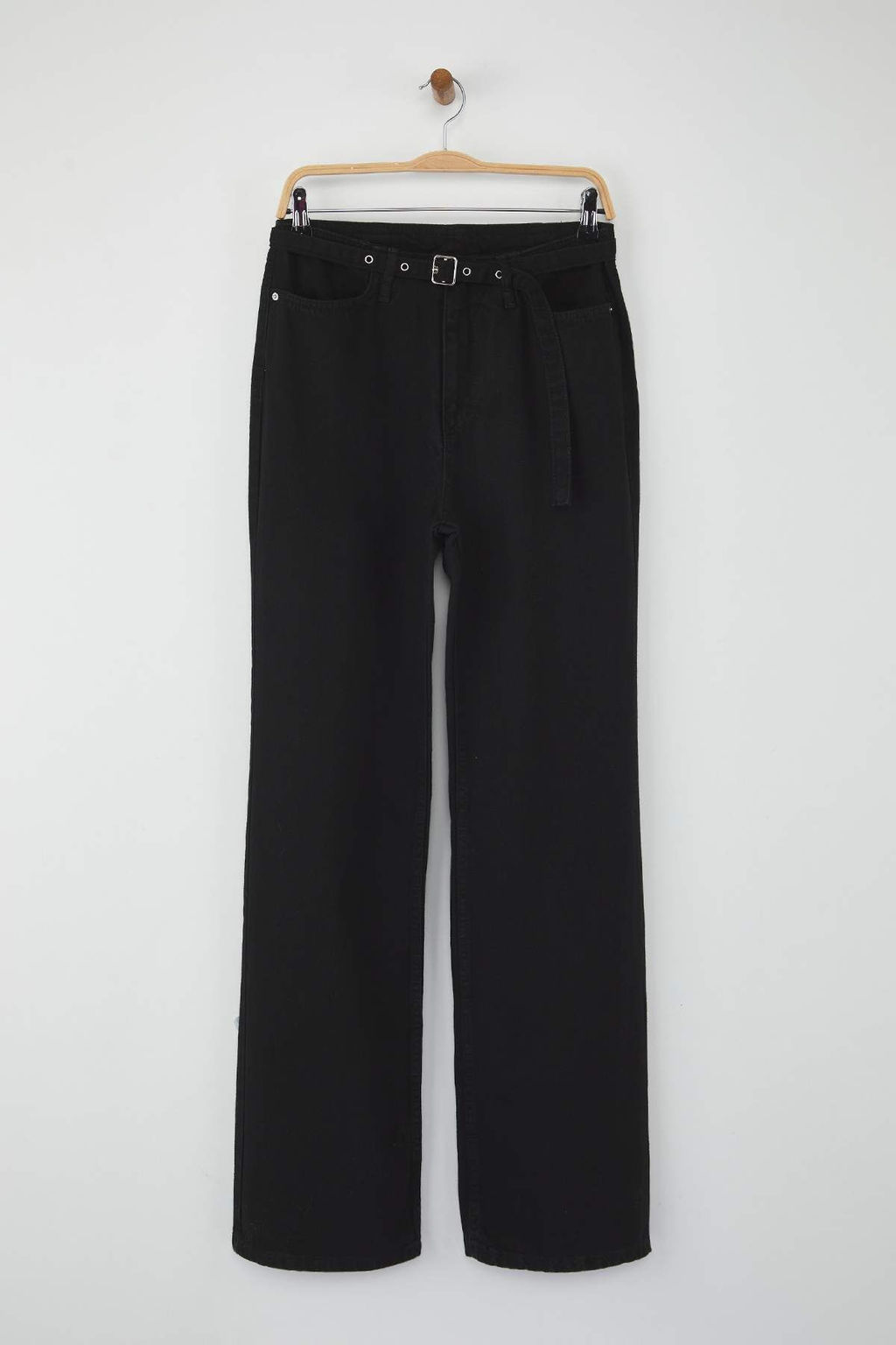 Wardrobe Essentials Siyah Yuksek Bel Kus Gozu Detayl? Kemerli Wide Leg Palazzo Jeans TWOAW26JE00098 - Trendyolmilla фото 5